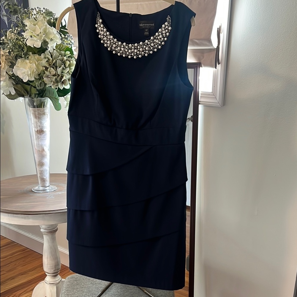 Adrianna Papell Black Silver Embellished Sheath Midi